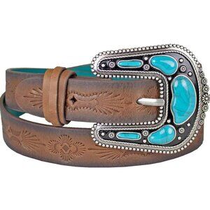 NEW Catchfly Women's Southwestern Tooling Pattern w/ Turquoise Inlay Buckle Belt